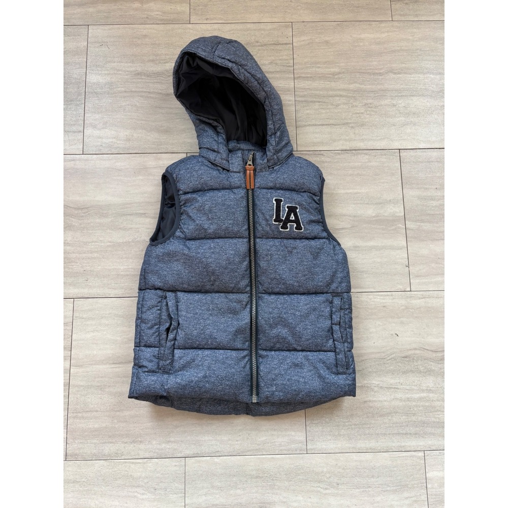 HM Boys LA Puffer Vest Hooded Quilted Sleeveless Jacket Blue Grey Size 8-10Y